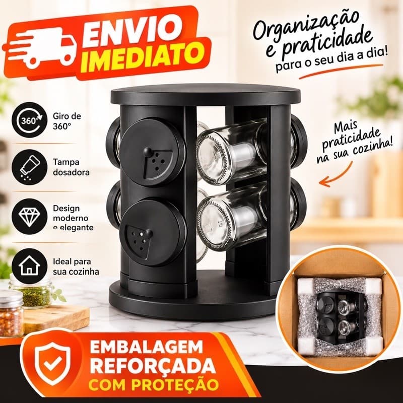 Kit 6 Porta Temperos Vidro Giratório 360° Organizador de Condimentos Cozinha Prático e Elegante