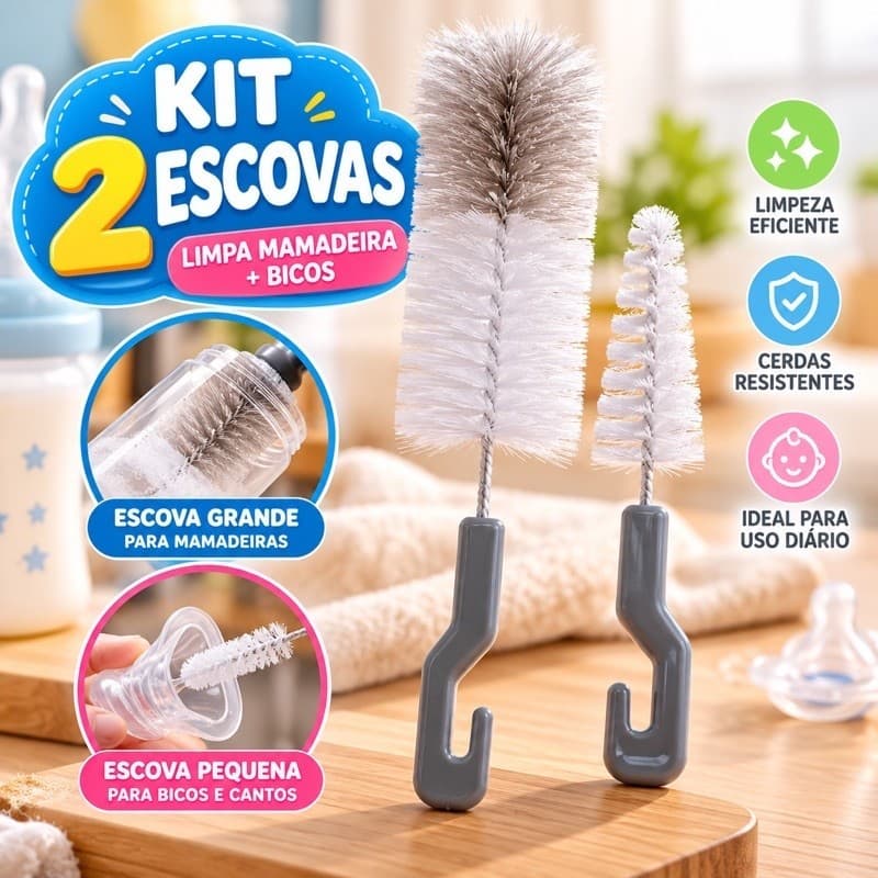 Escova Lava Mamadeira 2 Peças Limpeza Bico e Mamadeira Kit Escova Bebê Cerdas Resistentes