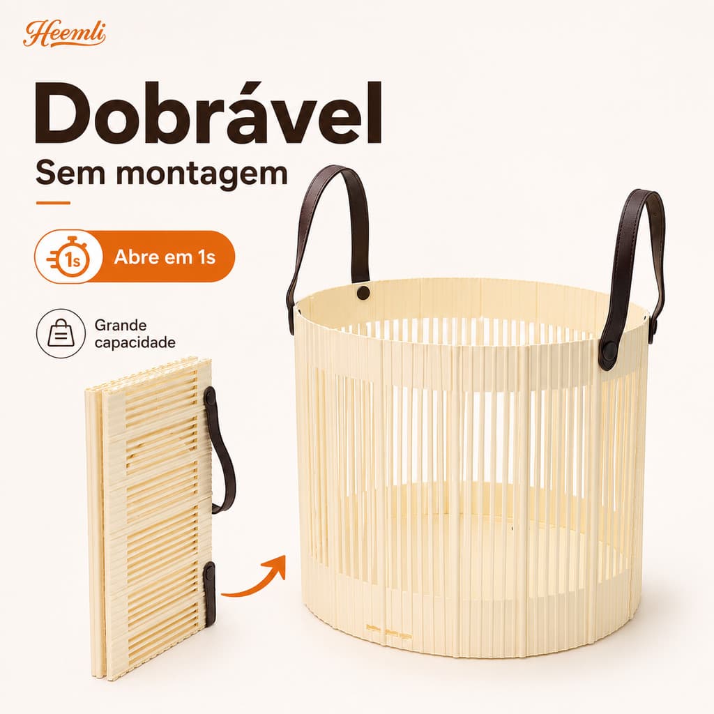 Cesto de Roupa Suja Dobrável Grande com Alças para Banheiro Lavanderia e Quarto Heemli