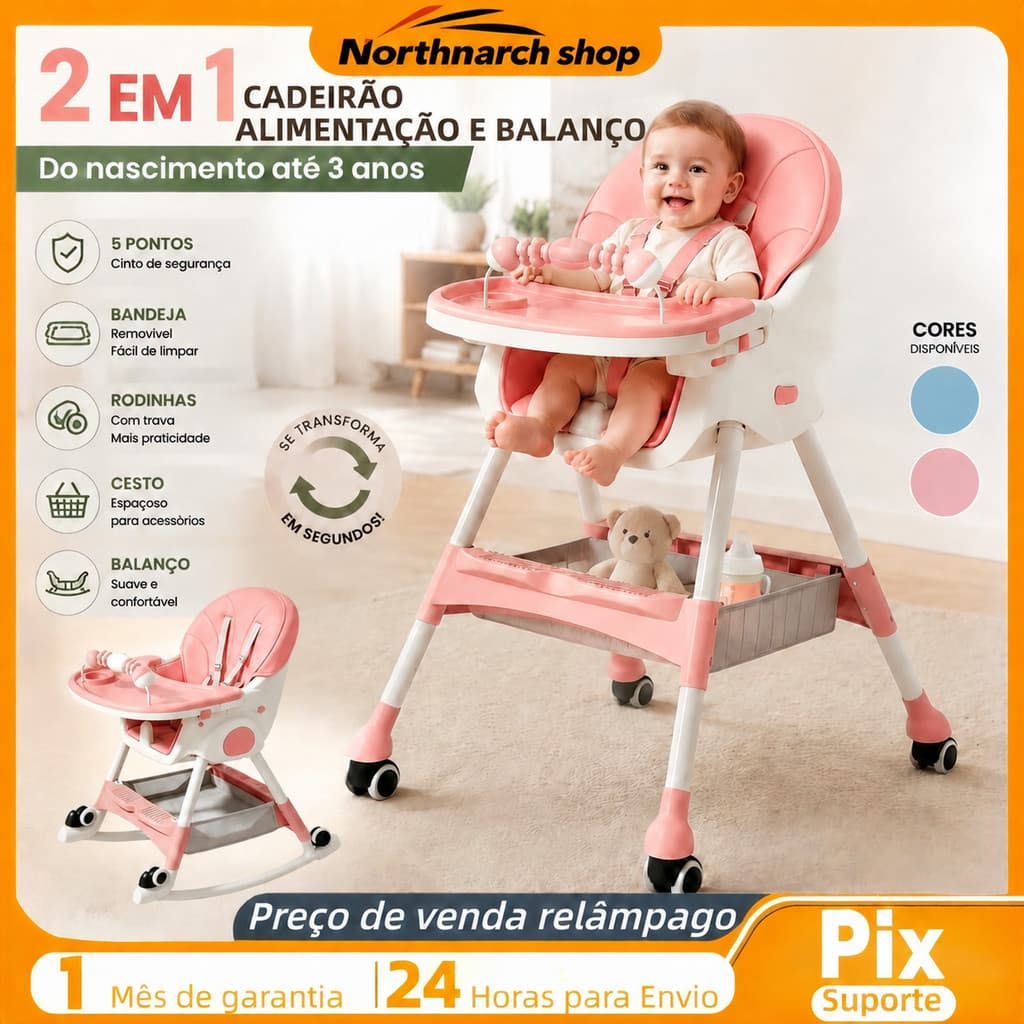 Cadeira De Alimentação Portátil Bebê Multifuncional Com Rodas Ajustável Removível e lavável