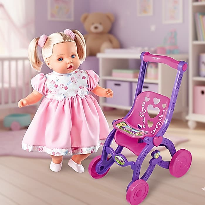Boneca Angelina Fala 62 Frases mamadeira magica com carrinho passeio bebe para boneca florzinha kit