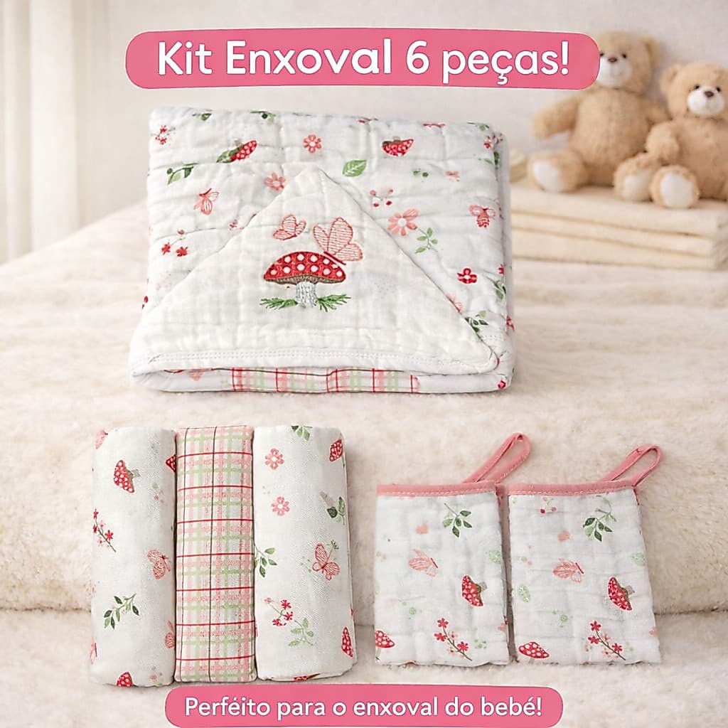 Kit Enxoval Bebê 6 Peças Toalha Banho Capuz + 3 Cueiros Flanela + 2 Fraldas Boca Algodão Recém Nascido Menino Menina