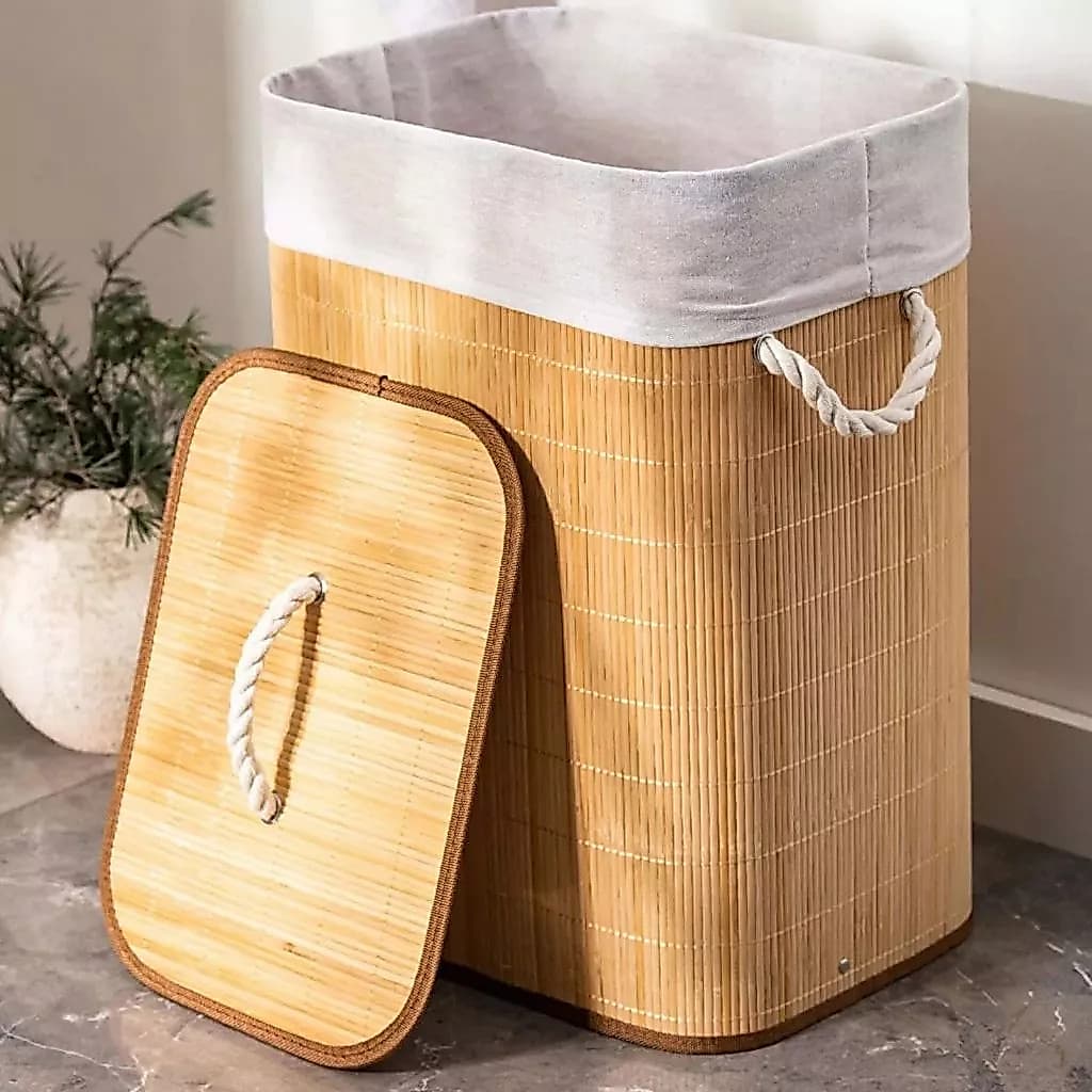 🔥Cesto De Roupa de Bambu Dobravel Organizador 72Litros Forrado Banheiro 72cm Grande Cesto Retangular