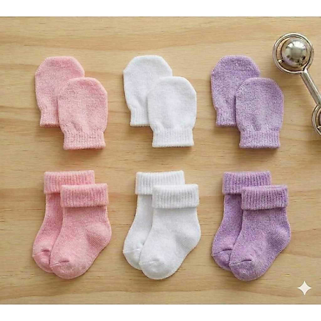 Kit 3 Pares Luva + 3 Pares de Meia De Bebê Recém Nascido RN Enxoval Maternidade Menino Menina Confort Premium