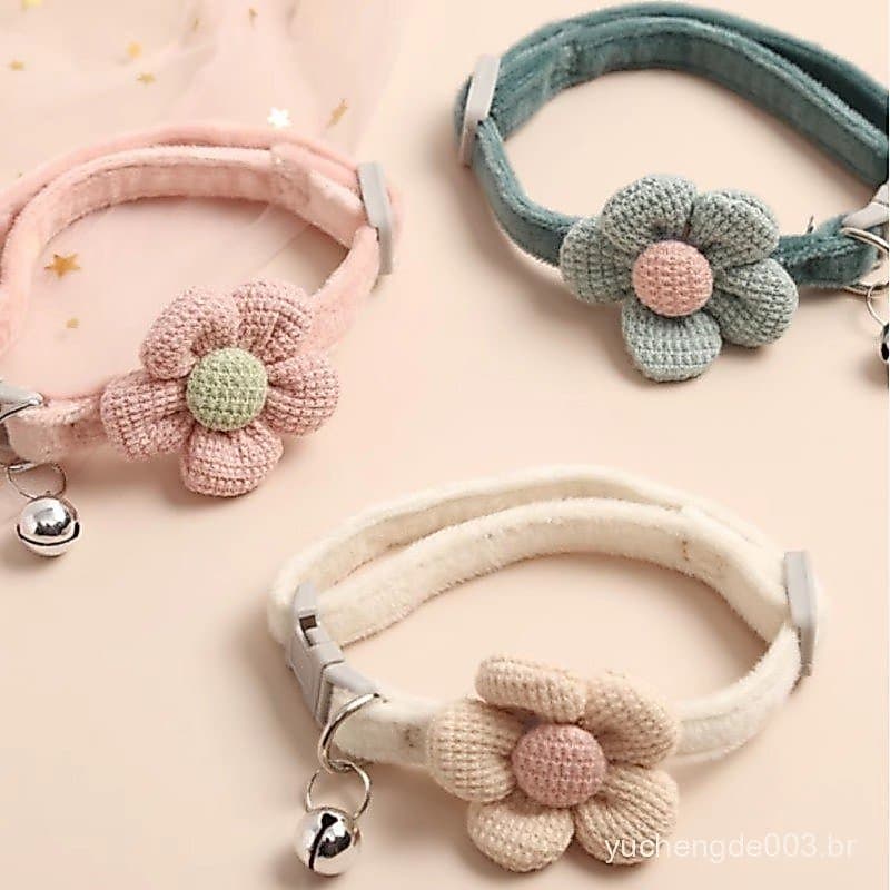 Coleira para animais de estimação com guia, coleira fofa com desenho de flor e sino, colar para gato, coleira para cão p