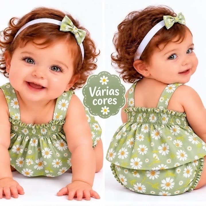 Conjunto Bebê Menina (0-9 meses) + Faixa de Cabelo Várias Estampas