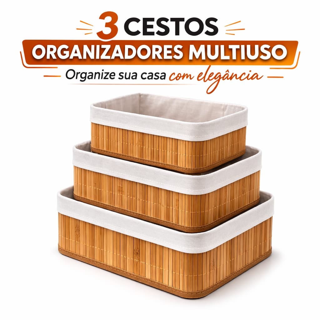 Kit 3 Cestos Organizadores Bambu Multiuso Com Forro Lavável Caixa Organizadora Premium