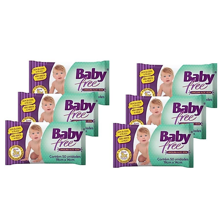 Kit com 6 Lenços Umedecidos Baby Free Toalha Umedecida Qualybless 50 unidades