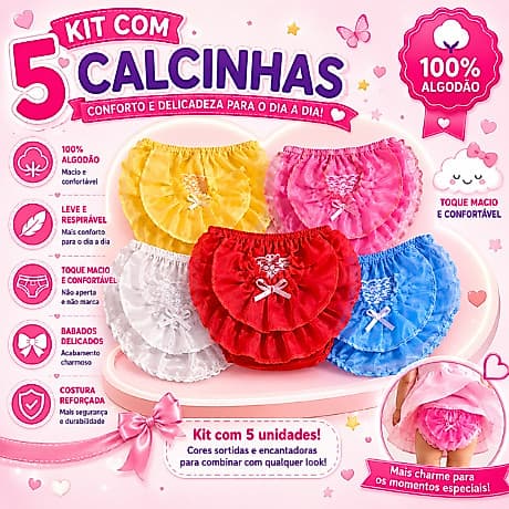 Kit 5 Calcinhas Bebê Bunda Rica Infantil 100% Algodão Com Babados Menina