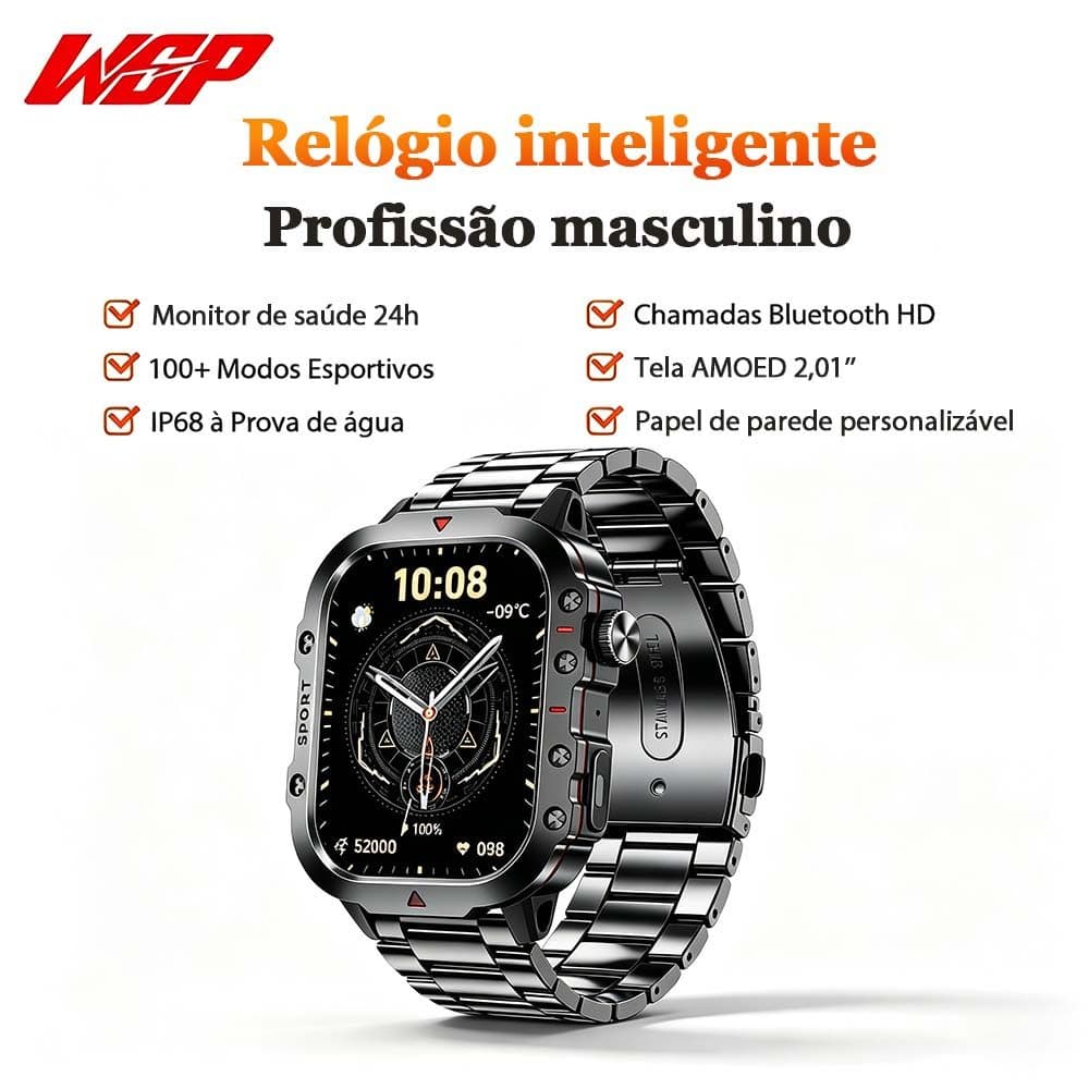 Smartwatch Relógio masculino 100+ Esportivo WGP Chamada Bluetooth Monitor Saúde 24h IP68 À Prova D'água