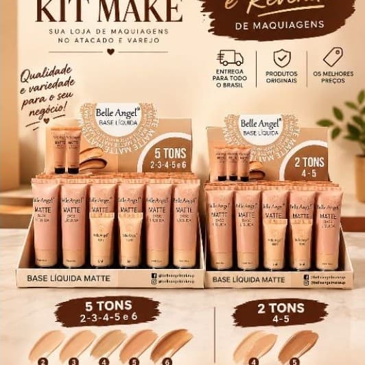 Box Com 24 Unidades Base Líquida Matte Belle Angel Original BA1077 Atacado Revenda