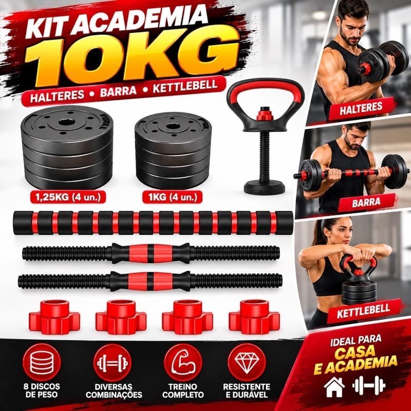 Kit Halteres Ajustáveis 10kg 2 em 1 com Barra para Musculação Treino em Casa Braços Peito Costas