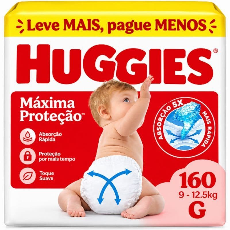 Fralda huggies pacote econômico 160 unidades tamanho G tecnologia Xtra-Flex