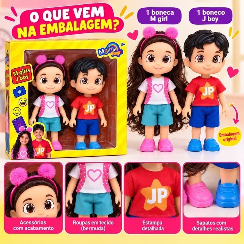 Boneca e Boneco Maria Clara e JP 16cm Articulados com Roupas Removíveis Brinquedo Infantil