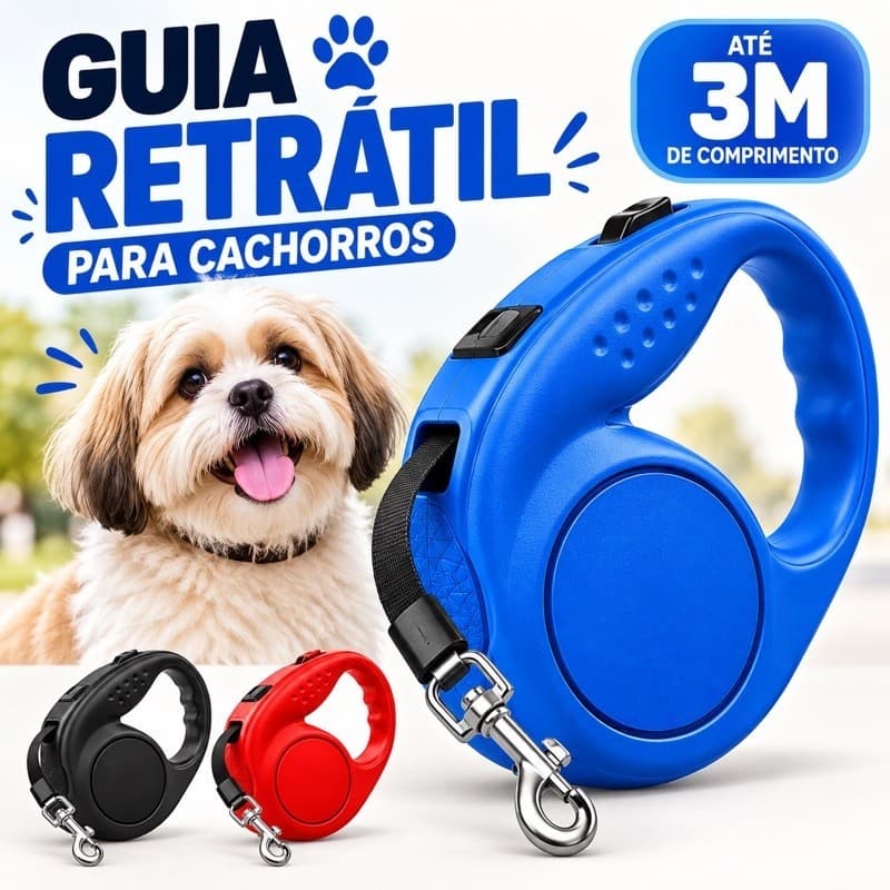 Guia Retrátil para Cachorro 3 Metros com Trava – Coleira Guia Automática para Passeios Pet