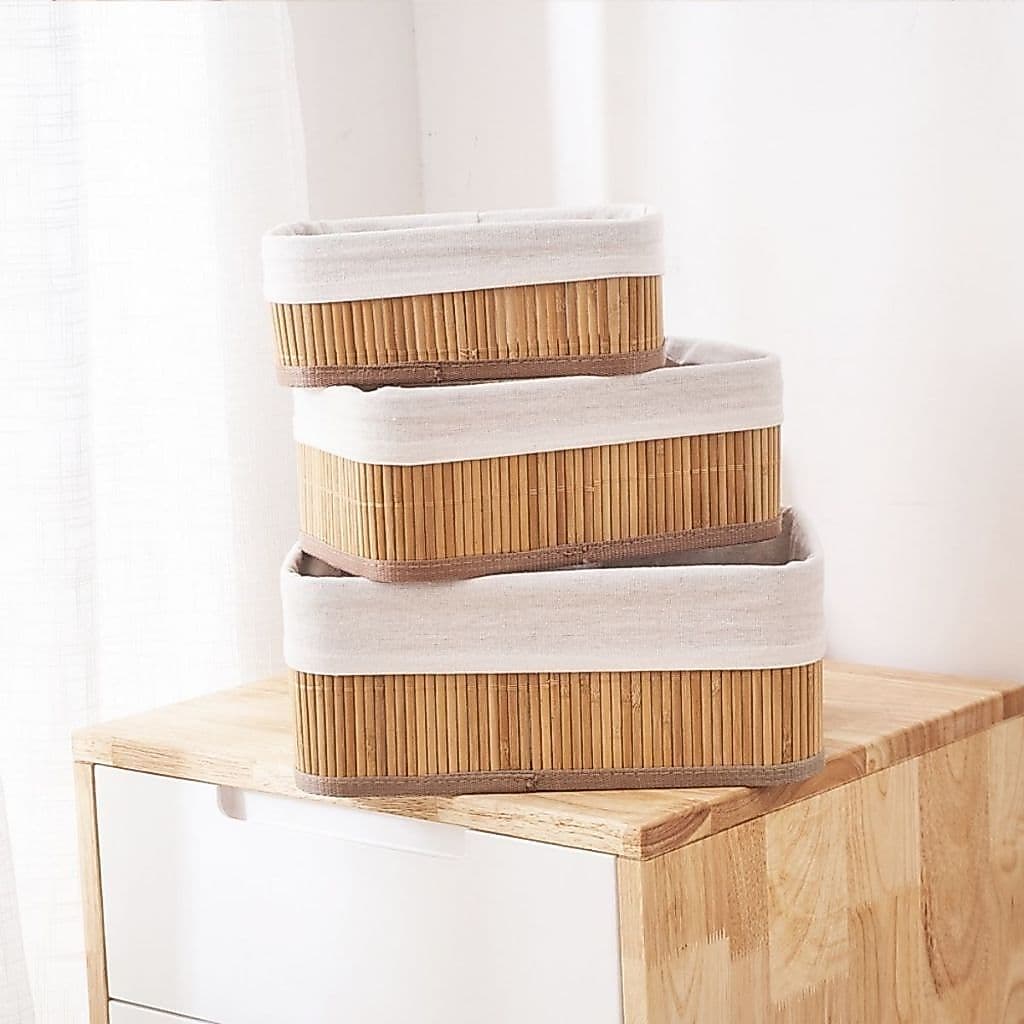 Cesto de bambu Organizador Multiuso com Forro Kit 3 Retangular Organizadores Banheiro Lavanderia
