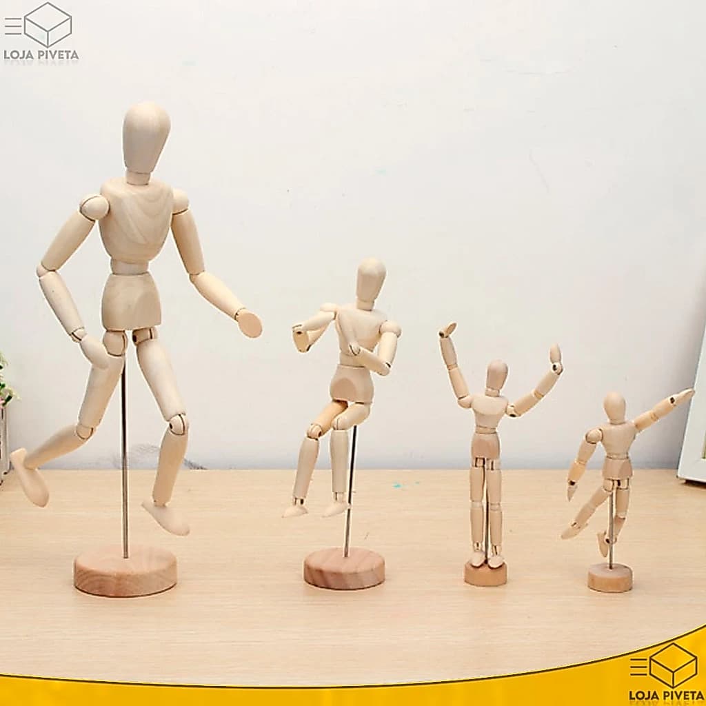 Boneco Articulado Madeira Manequim Decoração Diversos Tamanhos Oferta