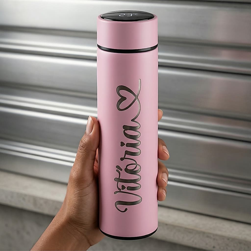 Garrafa Térmica 500ml Com Termômetro Digital LED + Nome Personalizado à Laser