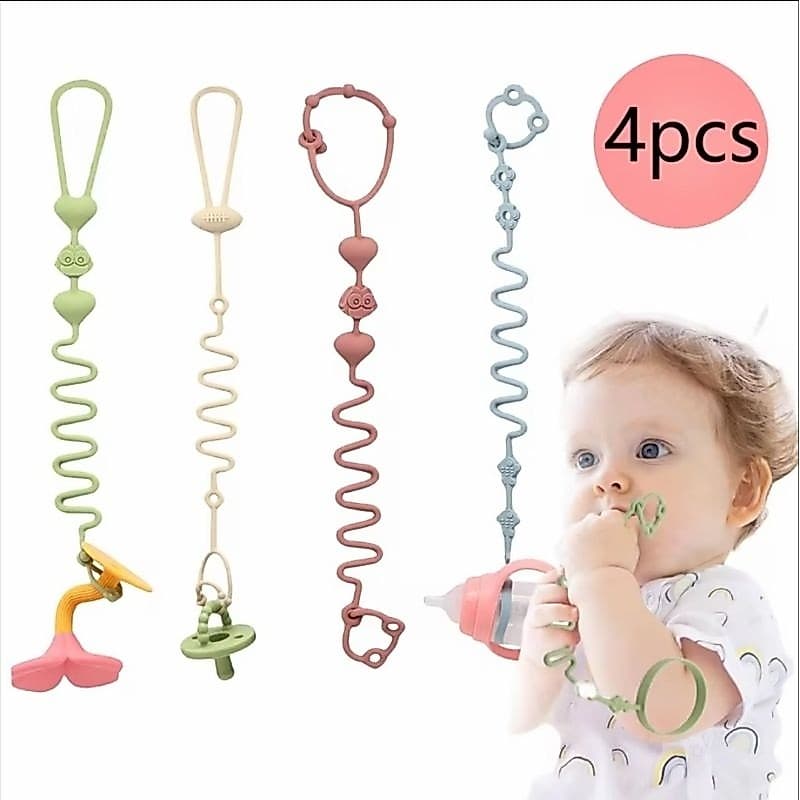 Kit 4 Peças Prendedor de Chupeta, Mordedor, Mamadeira Silicone