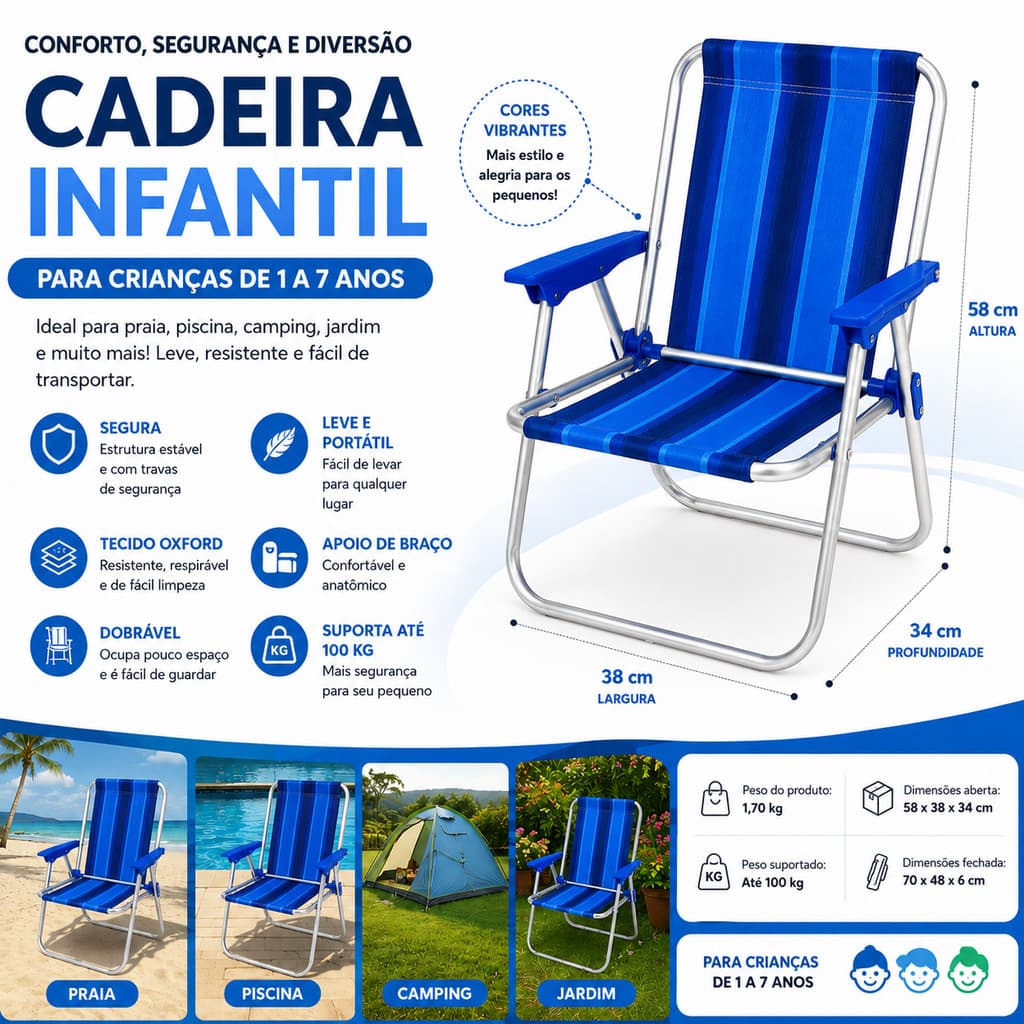 Cadeira Infantil Mor Dobrável Praia Camping Criança Portátil lazer dobravel