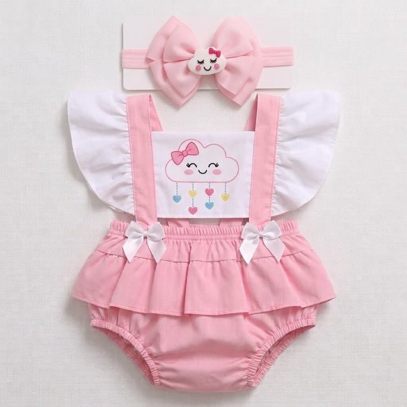 Body bebê romper Jardineira Tematico  menina nuvem rosa chuva de amor + laço nuvem