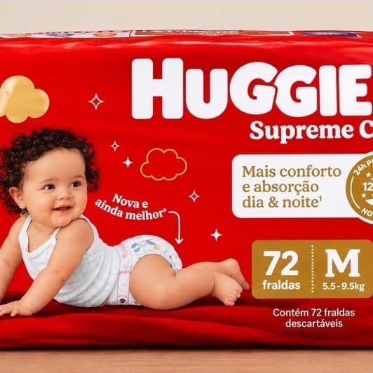 Fralda Huggies Supreme Care M – 72 Unidades | Proteção Dia e Noite
