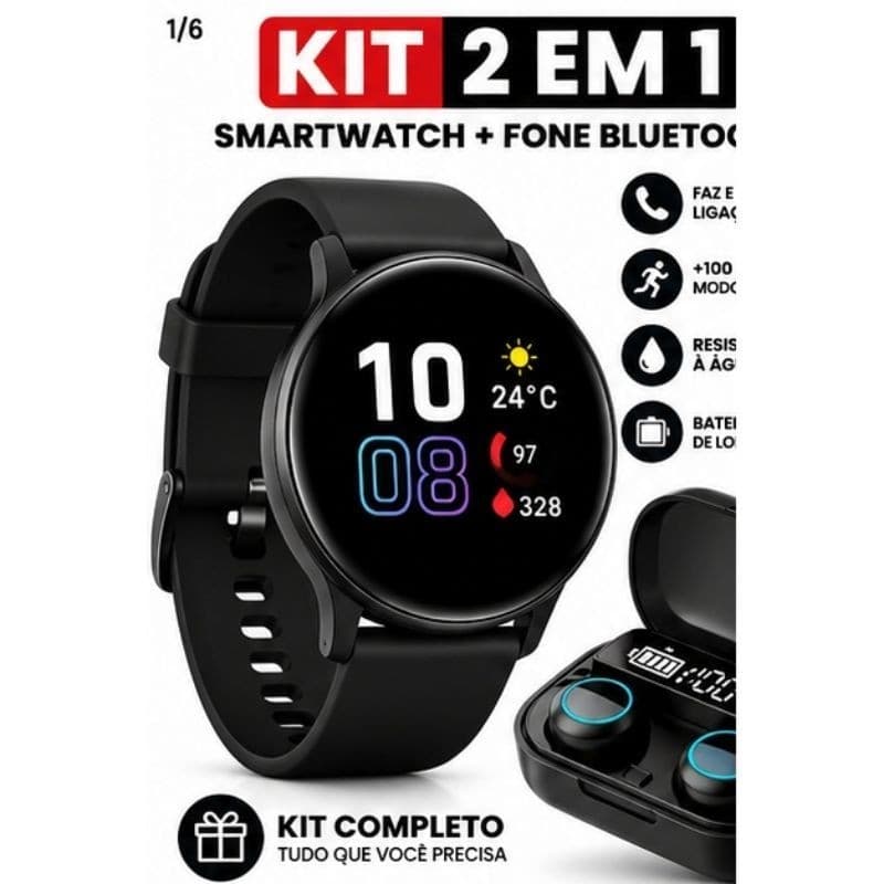 “Kit Smartwatch Redondo A Prova D'água+ Fone Bluetooth Sem Fio Relógio Inteligente Masculino Feminino”.