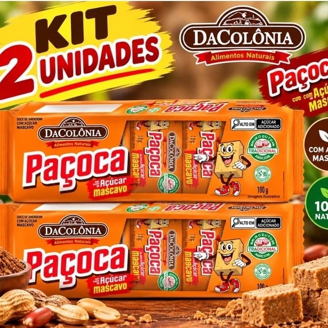 Paçoca Retangular com Açúcar Mascavo DaColônia 180g Doce de Amendoim Natural Saudável Lanche Integral