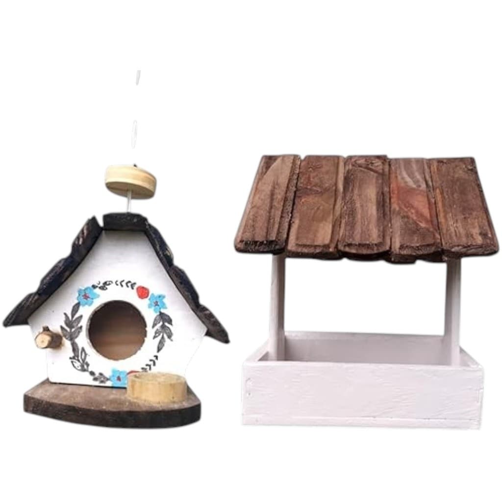 Casinha e Comedouro de Passarinho em Madeira, Decoração para Casa e Jardim (Casinha e Comedouro, 19x16x16 19x18x14
