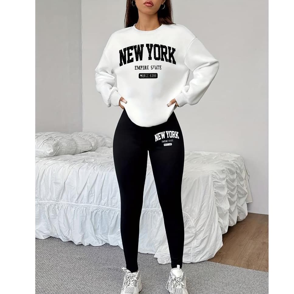 Conjunto Feminino New York Moletom Careca + Calça Legging 2 Peças Casual Inverno Confortável