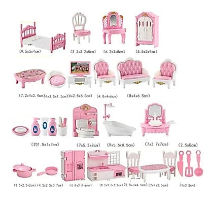 Mini Casinha Dollhouse Pink, Móveis de Brinquedos Infantil, Banheiro, Quarto, Cozinha, Sala