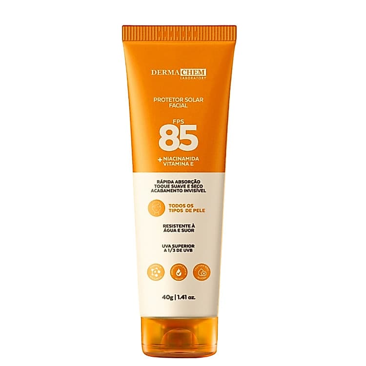 Protetor Solar Facial FPS 85 Dermarchem Toque Seco 40g Para Todos os Tipos de Pele com Niacinamida UVA UVB Alta Proteção