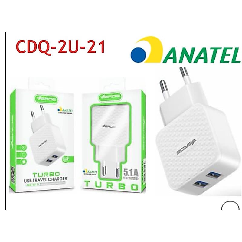 Carregador Turbo 5.1A VERDE Duas Portas USB | Fonte Rápida P/ Celular