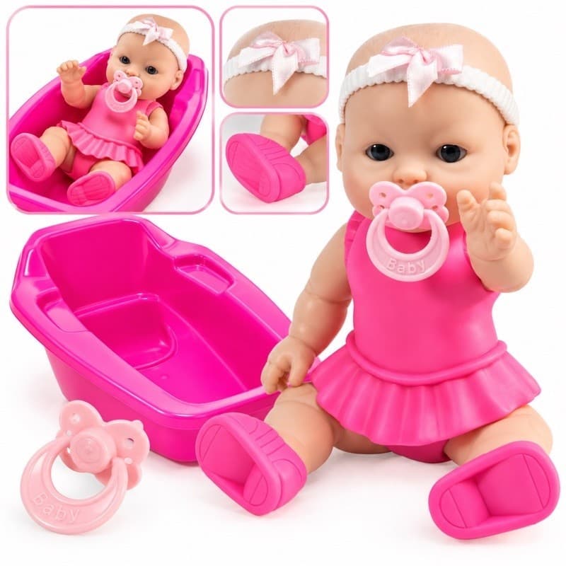 Boneca Elya Branca Vinil rosa com chupeta e banheira| menina| brinquedo