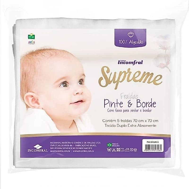 kit 5 Fralda Branca Supreme Inconfral Grande 70x70cm bebê Recém nascido maternidade RN enxoval presente