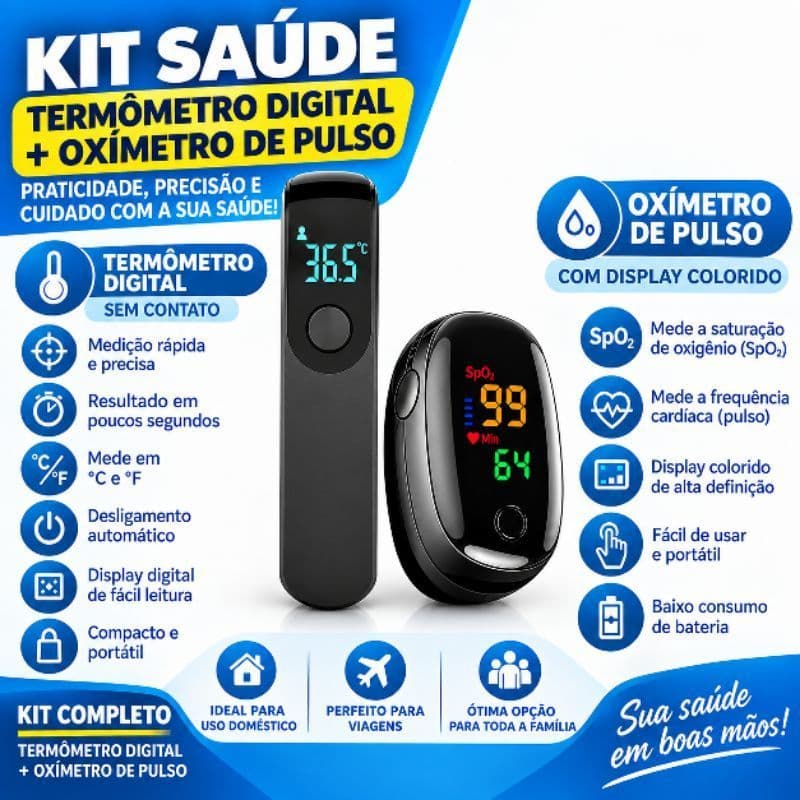 Kit Termômetro Digital + Oxímetro de Pulso Medidor de Temperatura e SpO2