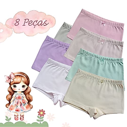 Kit 8 Calcinhas Box Boxer Segurança Shortinho Malha Cotton Premiun Menina Infantil Tapa Fralda