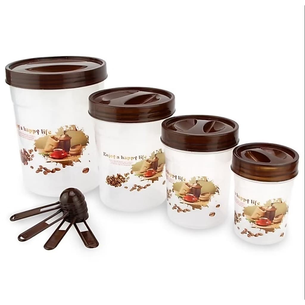 CONJUNTO DE 4 POTE MANTIMENTO COM 4 COLHER CONDIMENTO FARINHA SAL ACUCAR CAFE FEIJAO TEMPERO