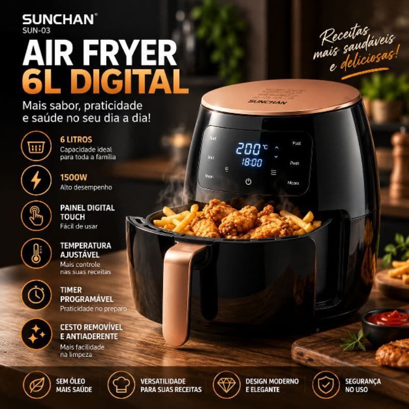 Air Fryer 6L Digital SUNCHAN 1500W 110V Fritadeira Elétrica sem Óleo Painel Touch SUN-03