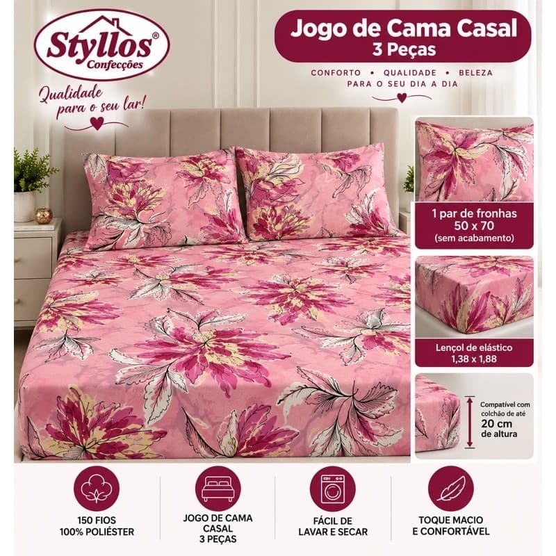 Jogo de lencol de Elastico para Colchão Casal  3 Peças  MicroFibra 100% Poliéster
