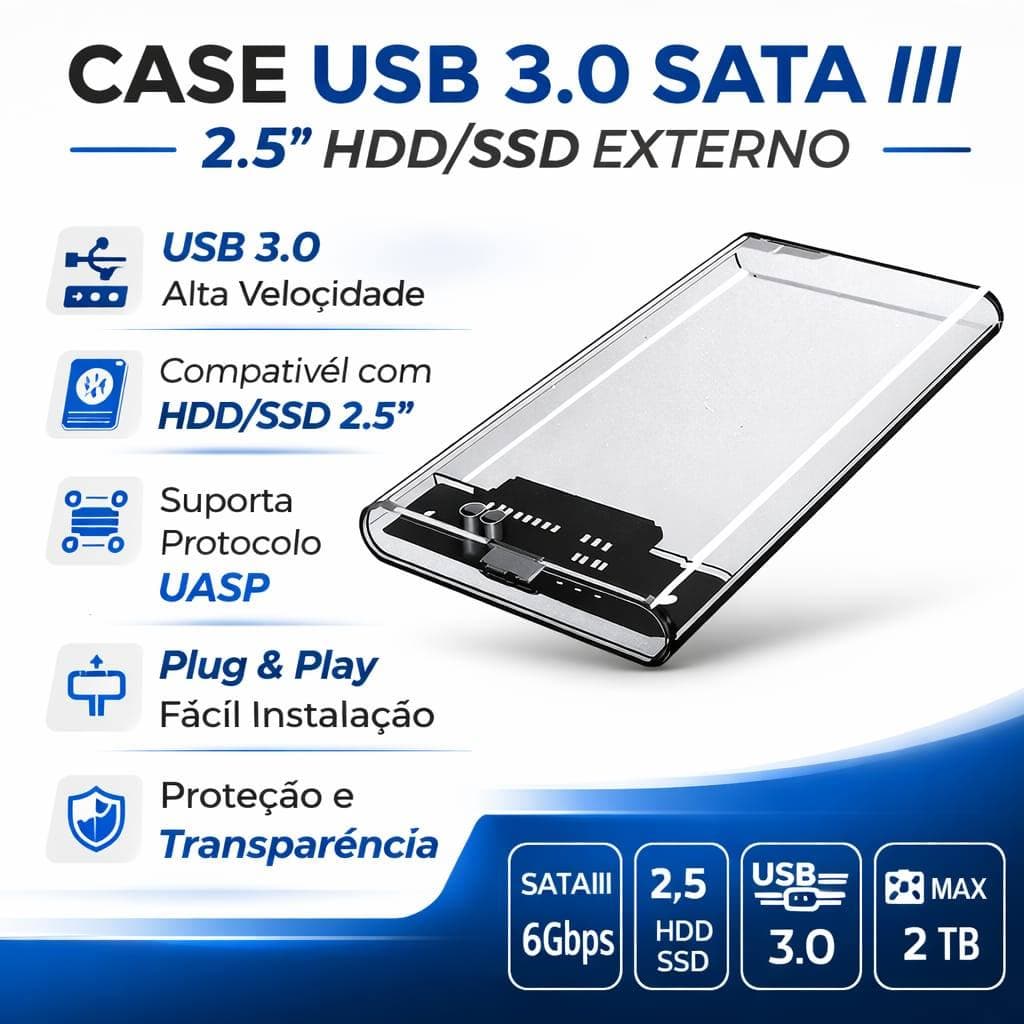 Case HD Externo 2.5 transparente SSD, Usb 3.0, Sata III, Alta Velocidade