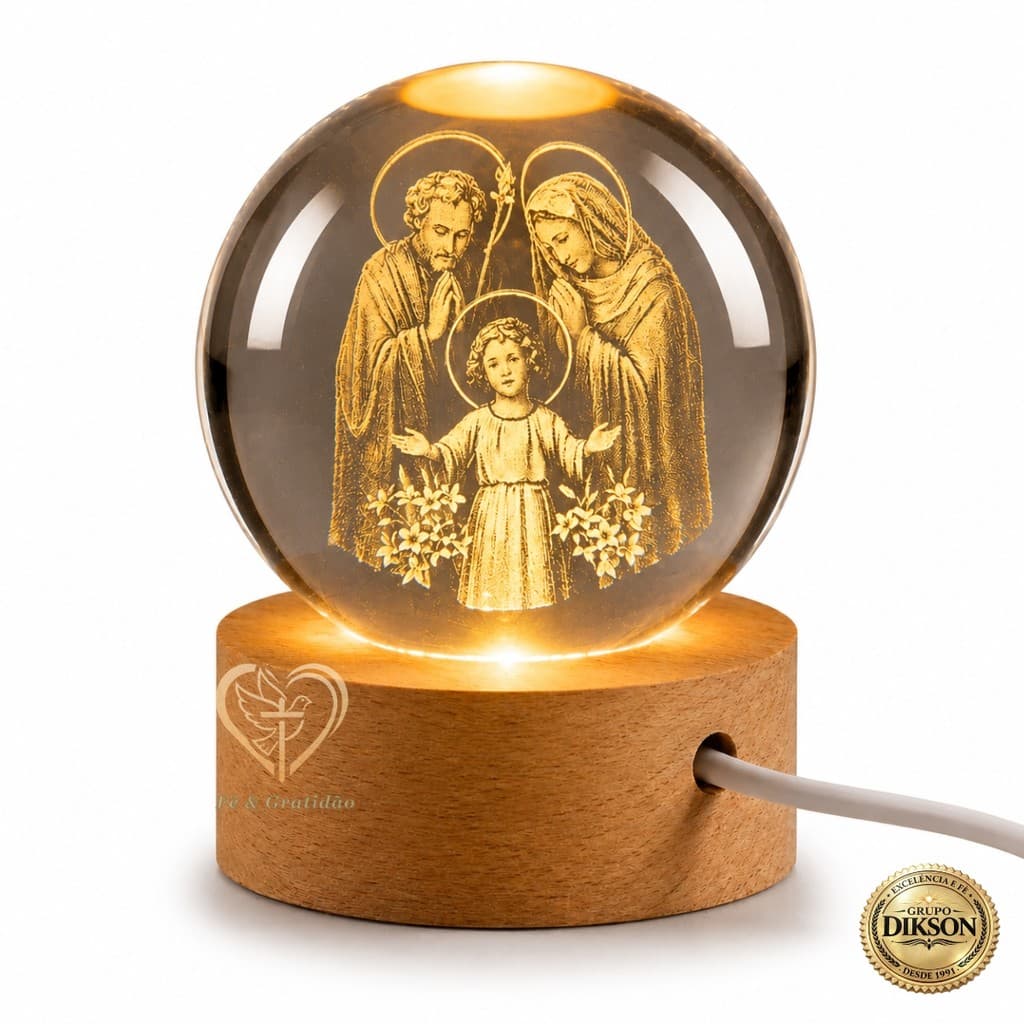 Luminária Sagrada Família Bola Cristal 3D LED Abajur Mesa  Decoração Fé Proteção Lar Presente Bivolt