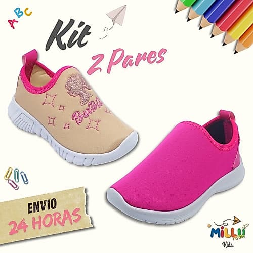 Kit 2 Pares Tênis Calce Fácil Infantil Menina Barbibi Confortável Escolar Macio Volta as Aulas Promoção