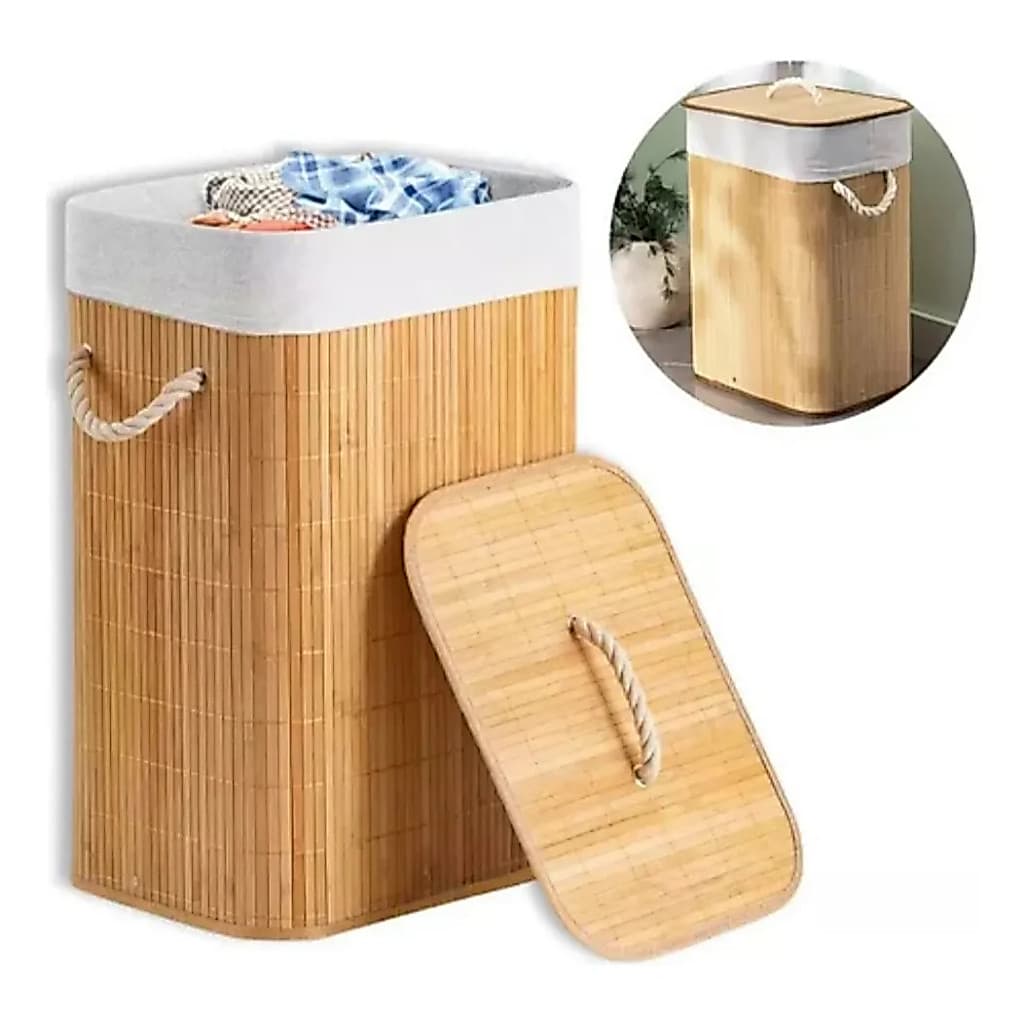 Cesto De Roupa Bambu Dobravel Retangular Lavanderia Banheiro Calado