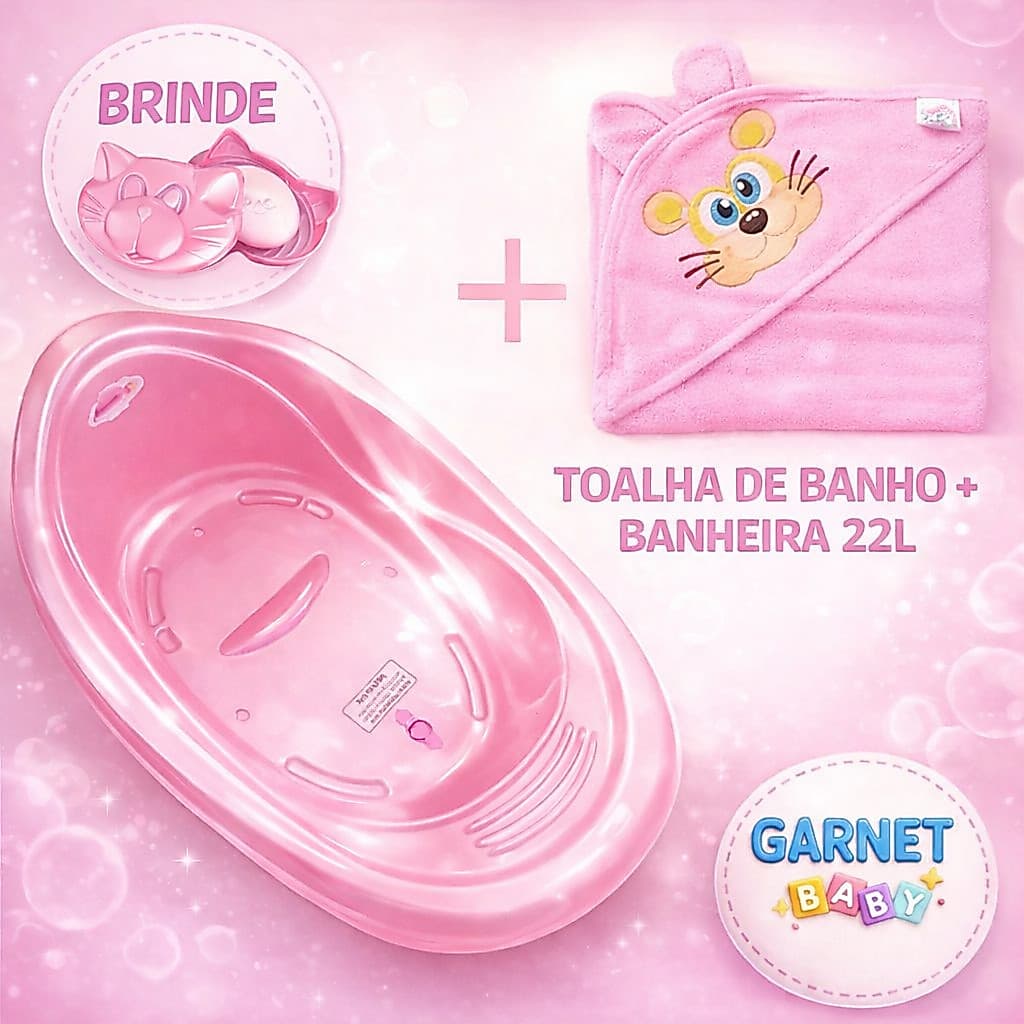 Kit Banheira de Bebê 20L + Toalha Infantil + Saboneteira – Rosa Branca Azul