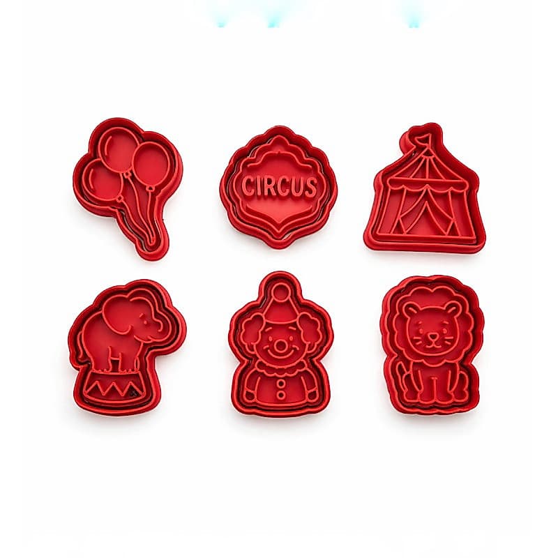 Kit Cortador Molde Carimbo Circo 6 Peças Biscoito Pasta Americana Biscuit Massinha Modelar Confeitaria