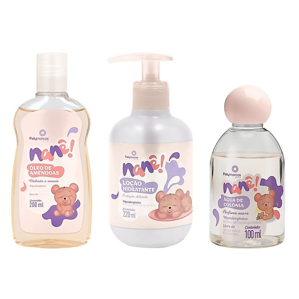 Kit Baby Higiene Completa Loção Hidratante Óleo Corporal e Colônia Nane Hipoalergenico Recém Nascido