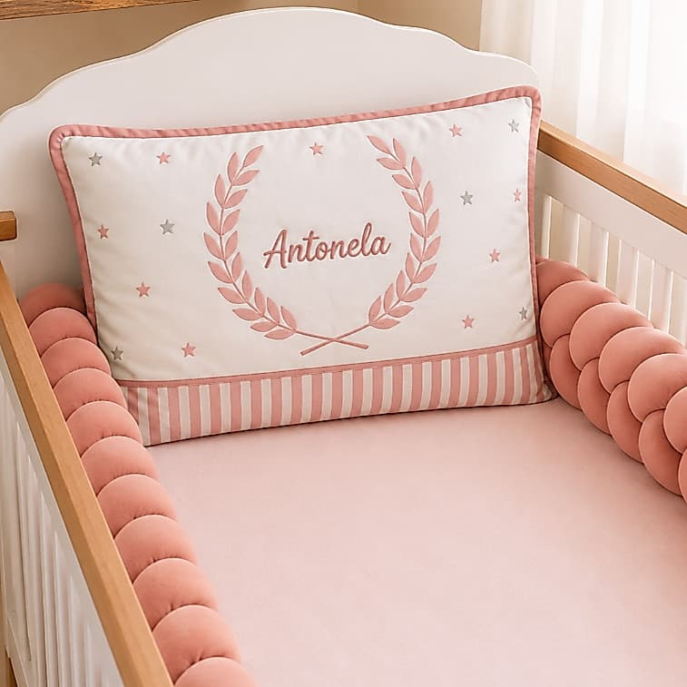 Kit Berço Personalizado Menina Rose c/ Nome Bordado 3 Peças Kit Trança 100% Algodão
