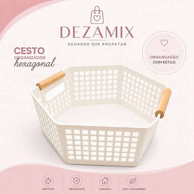 Cesto Organizador Hexagonal com Alças em Madeira | Organizador Multiuso para Banheiro, Cozinha, Quarto e Escritório