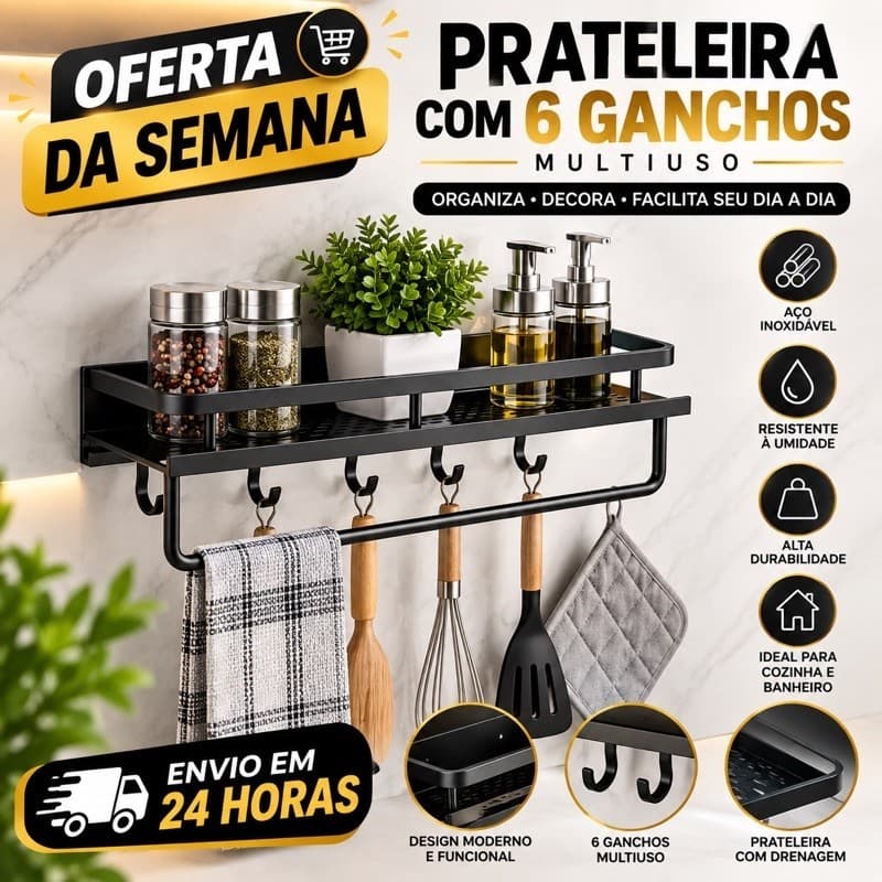 prateleira, 6 ganchos, multiuso, aço inox, cozinha, banheiro, parede, organizador, suporte e utensílios.